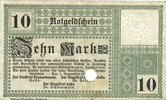 GERMANY - EMERGENCY NOTES (1914-1923) A - J Bremerhaven. Geestemünde und Lehe. Städte. Billet. 10 mk 1.11.1918, annulation par perfo -