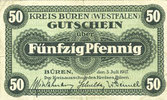 GERMANY - EMERGENCY NOTES (1914-1923) A - J 50 pf Büren. Kreis. Billet. -