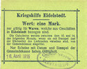 GERMANY - EMERGENCY NOTES (1914-1923) A - J 1 mark Eidelstedt. Kriegshilfe Eidelstedt. Billet. 16.4.1915, au dos : Gustav Peters -