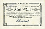 GERMANY - EMERGENCY NOTES (1914-1923) A - J 5 mark Elmshorn. Stadt. Billet. 7.11.1918, signature : Carstens, cachet Ungültig -