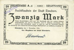 GERMANY - EMERGENCY NOTES (1914-1923) A - J 20 mark Elmshorn. Stadt. Billet. 7.11.1918, signature : Carstens, cachet Ungültig -