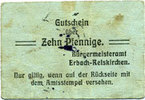 GERMANY - EMERGENCY NOTES (1914-1923) A - J 10 pfennig Erbach-Reiskirchen. Gemeinde. Billet. au dos, numérotation manuscrite en noir... -
