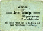 GERMANY - EMERGENCY NOTES (1914-1923) A - J 10 pfennig Erbach-Reiskirchen. Gemeinde. Billet. au dos, numérotation manuscrite en violet -