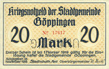 GERMANY - EMERGENCY NOTES (1914-1923) A - J 20 mark Göppingen. Stadt. Billet. nov. 1918, annulation par perforation UNGULTIG -