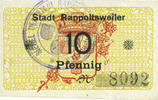 FRENCH EMERGENCY NOTES 10 pfennig Ribeauvillé (Rappoltsweiler) (68). Ville. Billet. -