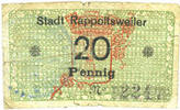 FRENCH EMERGENCY NOTES 20 pfennig Ribeauvillé (Rappoltsweiler) (68). Ville. Billet. -
