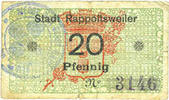 FRENCH EMERGENCY NOTES 20 pfennig Ribeauvillé (Rappoltsweiler) (68). Ville. Billet. -