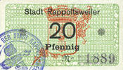 FRENCH EMERGENCY NOTES 20 pfennig Ribeauvillé (Rappoltsweiler) (68). Ville. Billet. -
