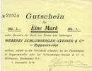 FRENCH EMERGENCY NOTES 1 mark Roppentzwiller (Roppenzweiler). Weberei Schlumberger-Steiner & Cie. Billet. -