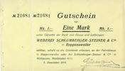 FRENCH EMERGENCY NOTES 1 mark Roppentzwiller (Roppenzweiler). Weberei Schlumberger-Steiner & Cie. Billet. Talon -