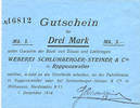 FRENCH EMERGENCY NOTES 3 mark Roppentzwiller (Roppenzweiler). Weberei Schlumberger-Steiner & Cie. Billet. -