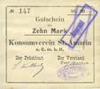 FRENCH EMERGENCY NOTES 10 mark Saint-Amarin. Konsumverein. Billet. . Signatures. : L. Vuillard et Eug Kühner -