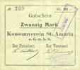 FRENCH EMERGENCY NOTES 20 mark Saint-Amarin. Konsumverein. Billet. . Signatures. : L. Vuillard et Paul Diemusch -