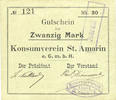 FRENCH EMERGENCY NOTES 20 mark Saint-Amarin. Konsumverein. Billet. . Signatures. : L. Vuillard et Paul Diemusch -