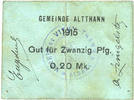 FRENCH EMERGENCY NOTES 20 pfennig Vieux-Thann. Commune. Billet. Non annulé -