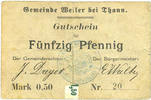 FRENCH EMERGENCY NOTES 50 pfennig Willer-sur-Thur. Commune. Billet. . Gemeinde
de 77 mm. Annulé en -
