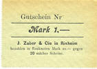 FRENCH EMERGENCY NOTES 1 mark Rixheim. J. Zuber & Cie. Billet. . Non émis -
