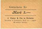FRENCH EMERGENCY NOTES 2 mark Rixheim. J. Zuber & Cie. Billet. . Non émis -