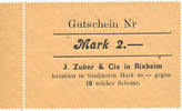 FRENCH EMERGENCY NOTES 2 mark Rixheim. J. Zuber & Cie. Billet. avec souche. Non émis -