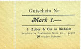 FRENCH EMERGENCY NOTES 1 mark Rixheim. J. Zuber & Cie. Billet. avec souche. Non émis -