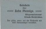 GERMANY - EMERGENCY NOTES (1914-1923) A - J 10 pfennig Erbach-Reiskirchen. Gemeinde. Billet. au dos, cachet violet de 27 mm, réimpression -