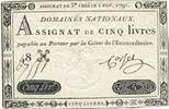 ASSIGNATS 5 livres Assignat. . Signature : Corsel -