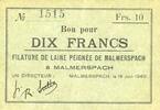 FRENCH EMERGENCY NOTES 10 francs 18.6.1940 Malmerspach (68). Filature de... 39,00 EUR  Excl. 9,45 EUR Verzending