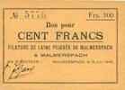 FRENCH EMERGENCY NOTES 100 francs 18.6.1940 Malmerspach (68). Filature d... 34,00 EUR  Excl. 9,45 EUR Verzending