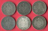Kaiserreich 6 x 5 Mark Silbermünzen 1876 - 1914 Lot aus sechs 5 Mark-Münzen different