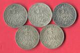 Preußen 5 x 3 Mark Silbermünzen 1908 - 1912 Kaiser Wilhelm II. - Lot lot of 5 coins, please see picture