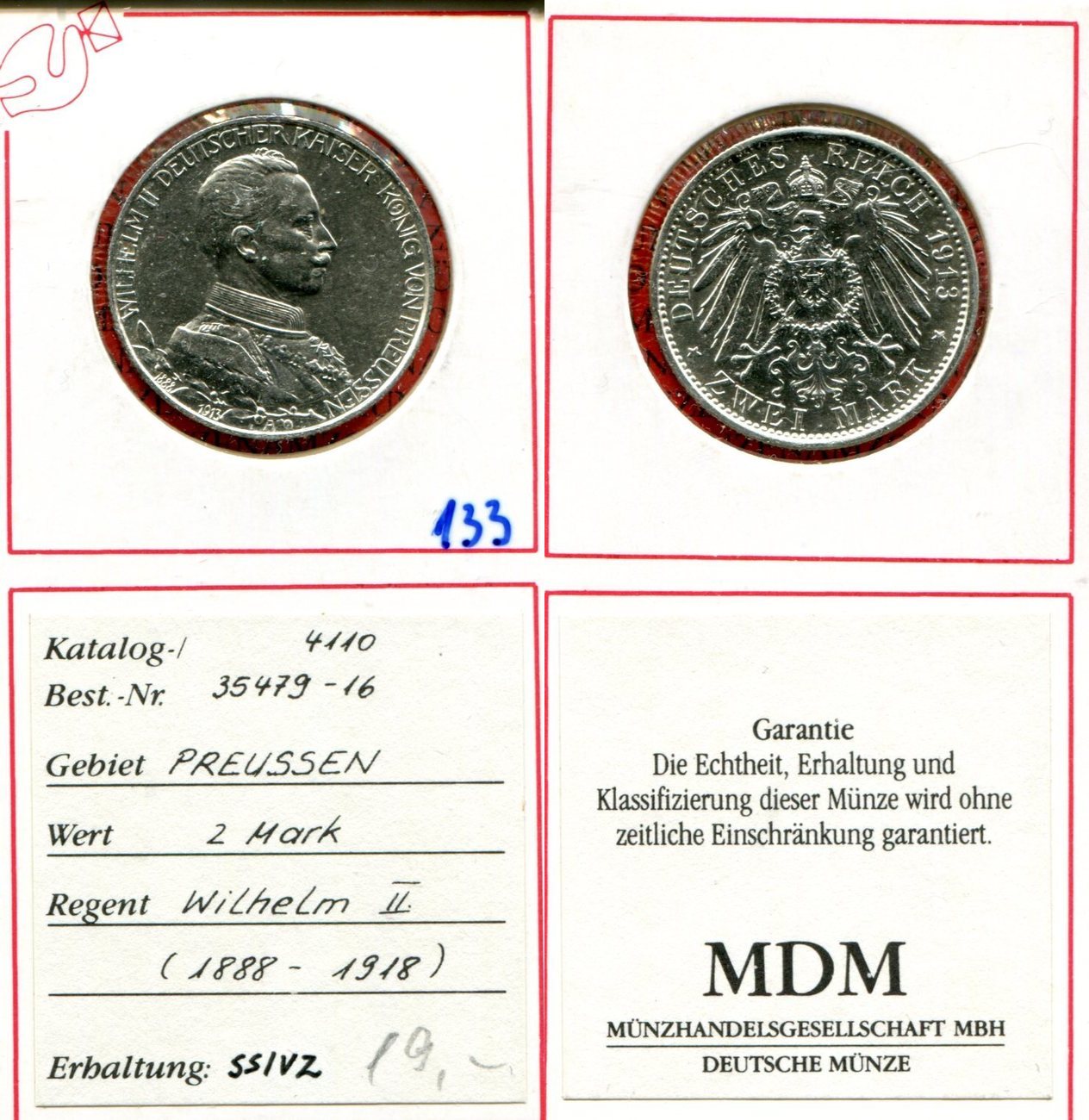 BrandenburgPreußen Deutsches Reich Preußen 2 Mark Silber 1913 Wilhelm II (18881918) vf/xf