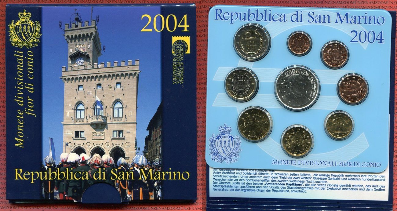San Marino KMS 8,88 Euro 2004 Kursmünzensatz 1 Cent bis 2 Euro + 5 Euro  Silbergedenkmünze bu unc original coinset