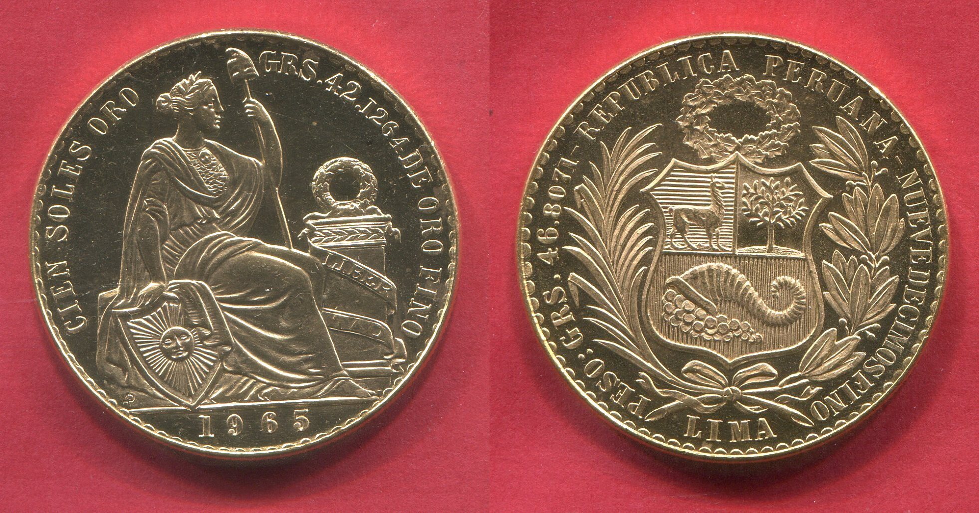 Peru 100 Soles 1965 Seated Liberty flanked by shield and column