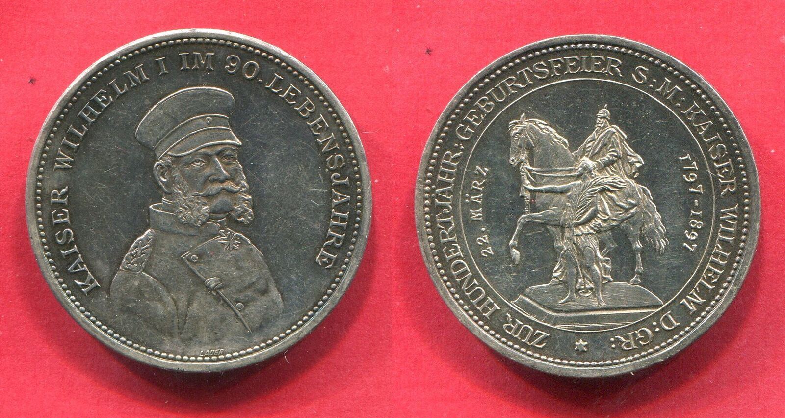 Preußen Silbermedaille 1897 100. Geburtstag Kaiser Wilhelm I. Rand: Eine Gedenkmünze von Lauer AU cleaned nice Toning