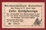Wertbeständiges Notgeld 10 Goldpfennige Hohenstein Ernstthal Fa. G.F. Beck -