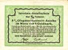 Interims Anteilschein Fuenf Goldmark Ein Achtel Festmeter Fuenf Prozent Glogauer Holzwert-Anleihe Stadt Glogau -