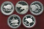 Neuseeland, New Zealand 5 X 1 Dollar Silbermünzen, je 1 oz Silber Premium Silver Dollar Proof Set Kiwi Auflage 500 Sätze Rar -