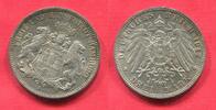 Hamburg 3 Mark Silbermünze 1912 J Freie und Hansestadt Stadtwappen Low unc toned