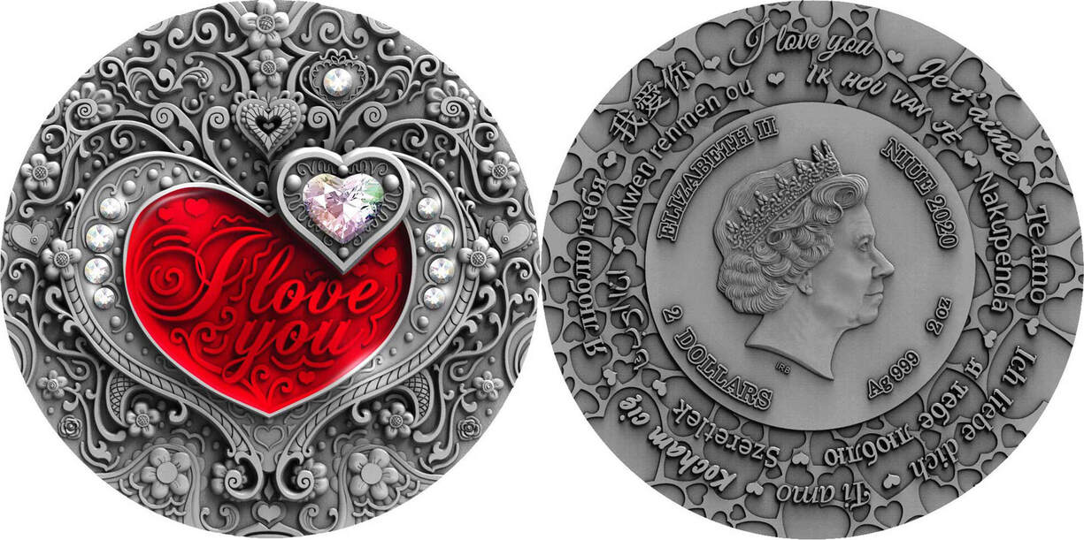 2 Dollars I Love You Heart 2 Oz Silver Coin 2 Niue Antique Finish Ma Shops