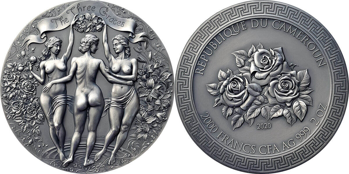 Два серебряных. Celestial Beauty 2 oz Antique finish Silver Coin 5000 Francs Cameroon 2022. Монета три грации. Монета счастливая восьмерка Камерун. Монета Камеруна Небесная красота.