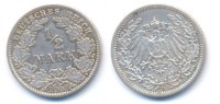 Kaiserreich: Kleinmünzen. 1/2 Mark 1908 G VF-EF