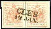 Österreich Stempel 3 Kreuzer CLES 12. January, two-line cancel S.O.T.N on letter piece with twice coat of arms, machine paper, type III, each with wide marg -