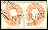 Österreich Stempel 5 Kreuzer STEKEN 1 June, two-line cancel clear and complete on piece pair pale red Franz Joseph (left stamp passing over characters), Mül -