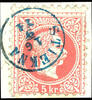 Österreich Stempel STIEKNA 16 / 9 74 (Bohemia), thimble cancel blue, complete clear on piece 5 Kr. Franz Joseph, Klein no. 4986 a, 90 points -
