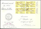 Schweiz 150 C. Pro aero, block of four, right with Tabs, with centered cancel LUGANO 28. IV. 49 on cover to St. Gallen and then to Ber -