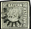 Bayern 1 Kreuzer black, plate 1, on all sides full to wide margins - left and right cutting line parts - extremely fine copy, cancelled by close -