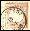 Deutsches Reich 9 Kr. Large shield, reddish brown, on piece used DARMSTADT, as usual perforation, expertized Sommer BPP, Michel 550.- -