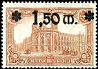 Deutsches Reich 1.50 Mark on 1 Mark medium sienna, plate flaw I 1 of the overprint 1.50 with large head, only on field 1, 8 and 10 one part of issue oc -