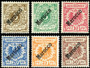 Deutsche Post in Marokko 3 Pfennig Not issued: - 50 penny crown / eagle with oblique overprint Marocco without new indication of value, complete set of six valu -