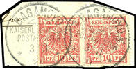 Deutsch-Ostafrika - Vorläufer 10 Pfennig crown / eagle in the pair on piece with two cancellations BAGAMOYO Imperial German postal service agency, sound, Michel / Ste -